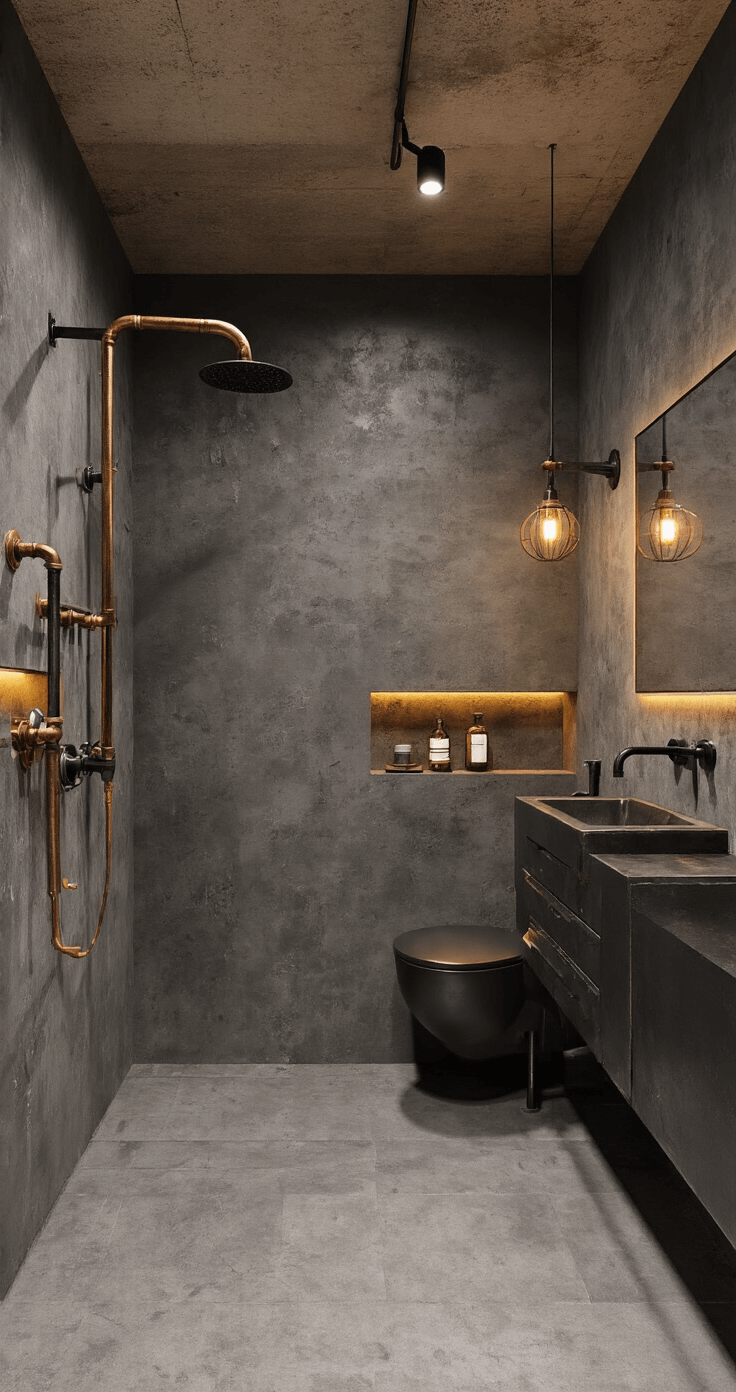 Moderne industriële badkamer met antraciet microcement wanden en vloer, zwart stalen douchewand, en een wastafelmeubel van zwart gelakt metaal met betonnen blad, verlicht door warm indirect licht en wandlampen van gepatineerd messing.