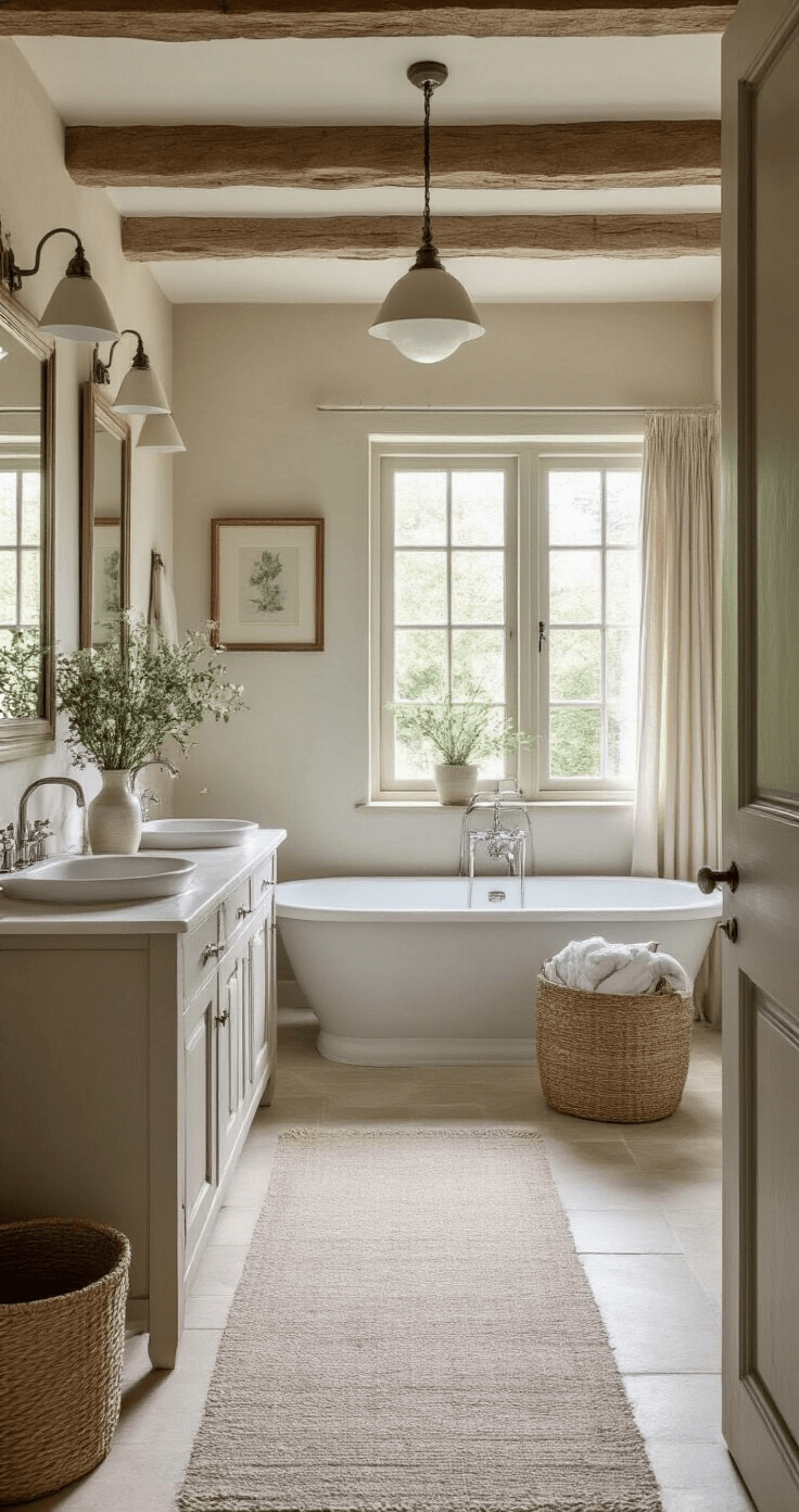 Landelijke spa-badkamer met vrijstaand klassiek bad op pootjes, dubbele wastafel in cottage-stijl, crème kalkstenen vloer en lichtgrijze lambrisering, verlicht door zacht ochtendlicht met linnen gordijnen. Decoraties omvatten vintage spiegels, een lavendelboeket, een antiek krukje en geweven manden.