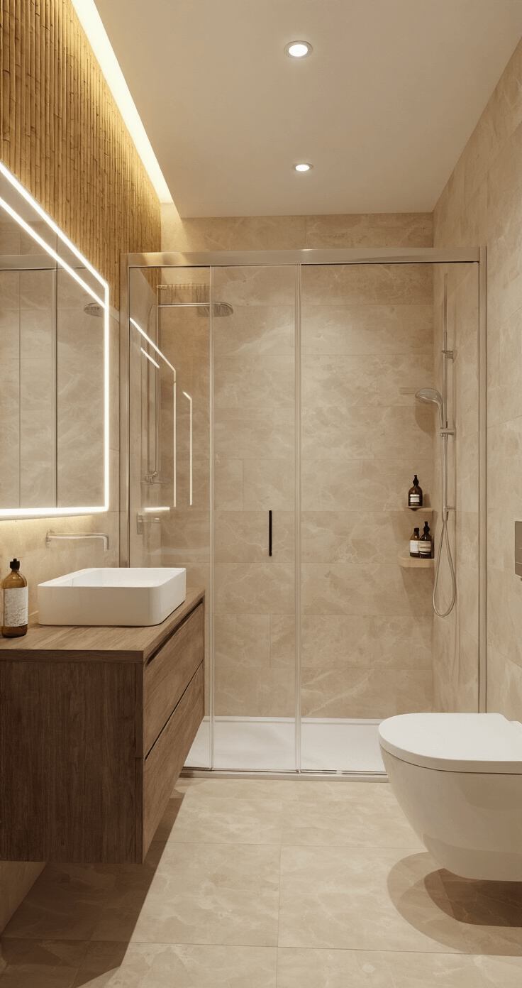 Minimalistische zen-badkamer bij zonsondergang in Japandi-stijl, met verhoogd plafond, bamboe wandpanelen, inloopdouche met glazen paneel, zwevend wastafelmeubel van donker hout, beige natuursteen tegels en sfeervolle indirecte LED-verlichting. Styling met bonsai plant en bamboe accessoires.