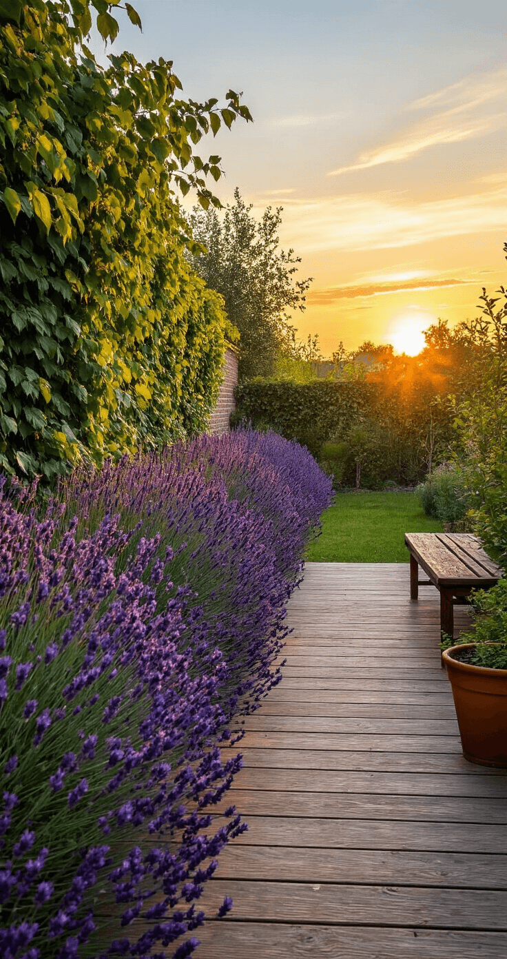 Droogtebestendige Tuinplanten: Groene Schoonheid met Minimaal Waterverbruik Een moderne Nederlandse stadstuin bij zonsondergang met een lavendelborder, verweerd houten terras en terracotta potten, omlijst door een klimop-bedekte bakstenen muur.