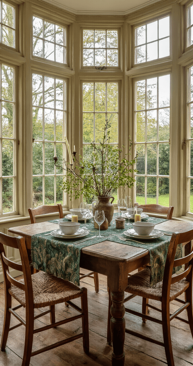 Zelfgemaakte Kerstversiering: Creatief, Persoonlijk en Budgetvriendelijk Een elegante dining room met een rustieke eiken eettafel, omringd door antieke stoelen en versierd met kunstsneeuw en flikkerende waxinelichtjes. Gouden uur licht stroomt door hoge Georgian ramen, terwijl kristallen wijnglazen en decoratieve berkentakjes bijdragen aan de warme, feestelijke sfeer.