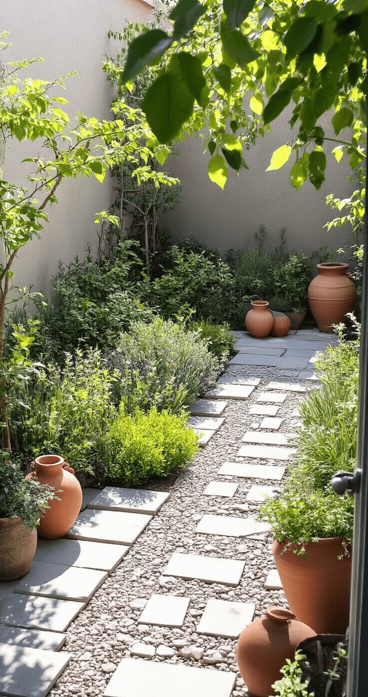 Droogtebestendige Tuinplanten: Groene Schoonheid met Minimaal Waterverbruik Intieme mediterrane patio-tuin met verhoogd sedum-bed en verschillende vetplanten, lichtgrijze natuurstenen tegels in geometrisch patroon, terracotta kruiken en verweerde koperen lantaarns, gefotografeerd vanuit vogelperspectief in fel middaglicht.
