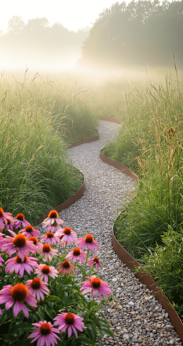 Droogtebestendige Tuinplanten: Groene Schoonheid met Minimaal Waterverbruik Natuurlijke prairie-stijl voortuin met Echinacea en siergras in ochtendmist, dauwdruppels op bloemen, kronkelend grindpad en cortenstalen borders, gefotografeerd op ooghoogte met soft-focus effect.