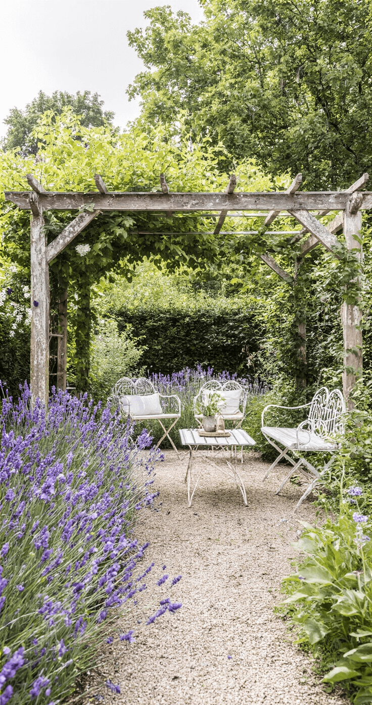 Droogtebestendige Tuinplanten: Groene Schoonheid met Minimaal Waterverbruik Zomerse achtertuin met vlinderstruik, lavendel en verbena, houten pergola met klimrozen, en vintage metalen tuinmeubels in pasteltinten, gefotografeerd vanuit de eerste verdieping met focus op vlinders.