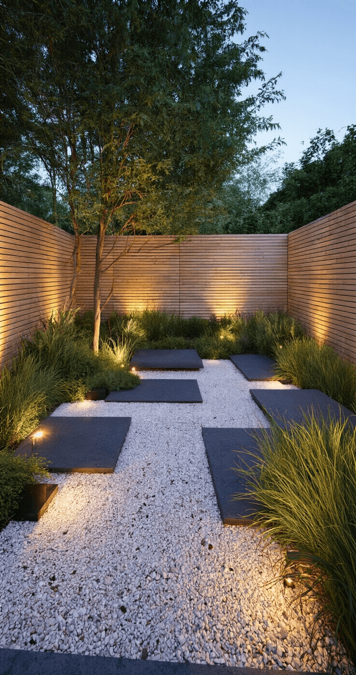 Droogtebestendige Tuinplanten: Groene Schoonheid met Minimaal Waterverbruik Minimalistische zen-tuin in schemering met geometrische grindpatronen, sedumplanten, siergrassen en zwarte natuurstenen, verlicht door LED-grondarmaturen voor dramatische schaduwen. Symmetrische compositie met lange sluitertijd.