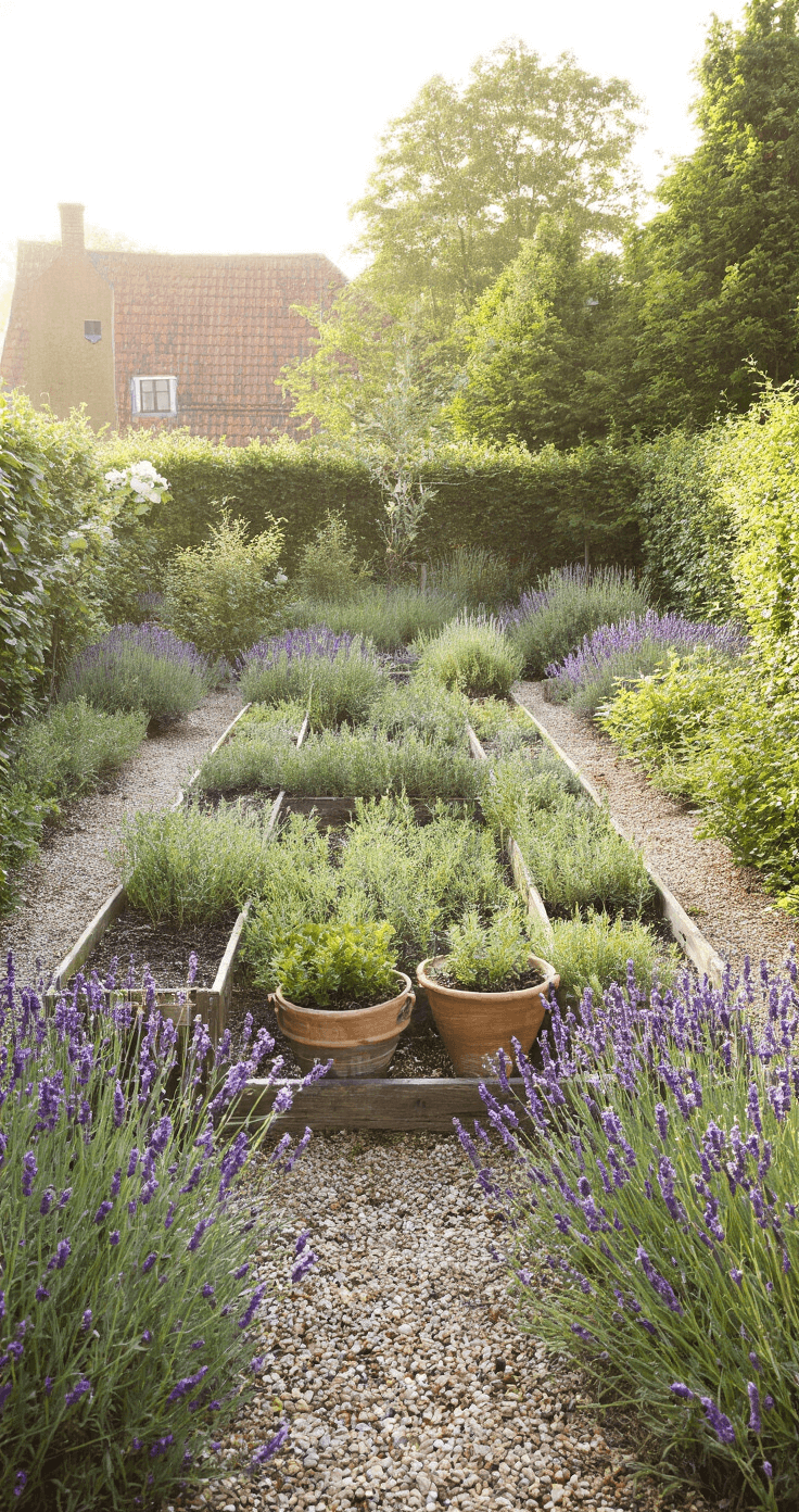 Droogtebestendige Tuinplanten: Groene Schoonheid met Minimaal Waterverbruik Een cottage-stijl kruidentuin in de vroege ochtendzon, met verhoogde bedden van verweerd steigerhout gevuld met rozemarijn, tijm en salie. Oude terracotta potten met lavendel markeren de hoeken, terwijl vintage tuingereedschap als decoratie dient. Detailrijke reportagestijl legt de texturen van de planten en materialen vast.