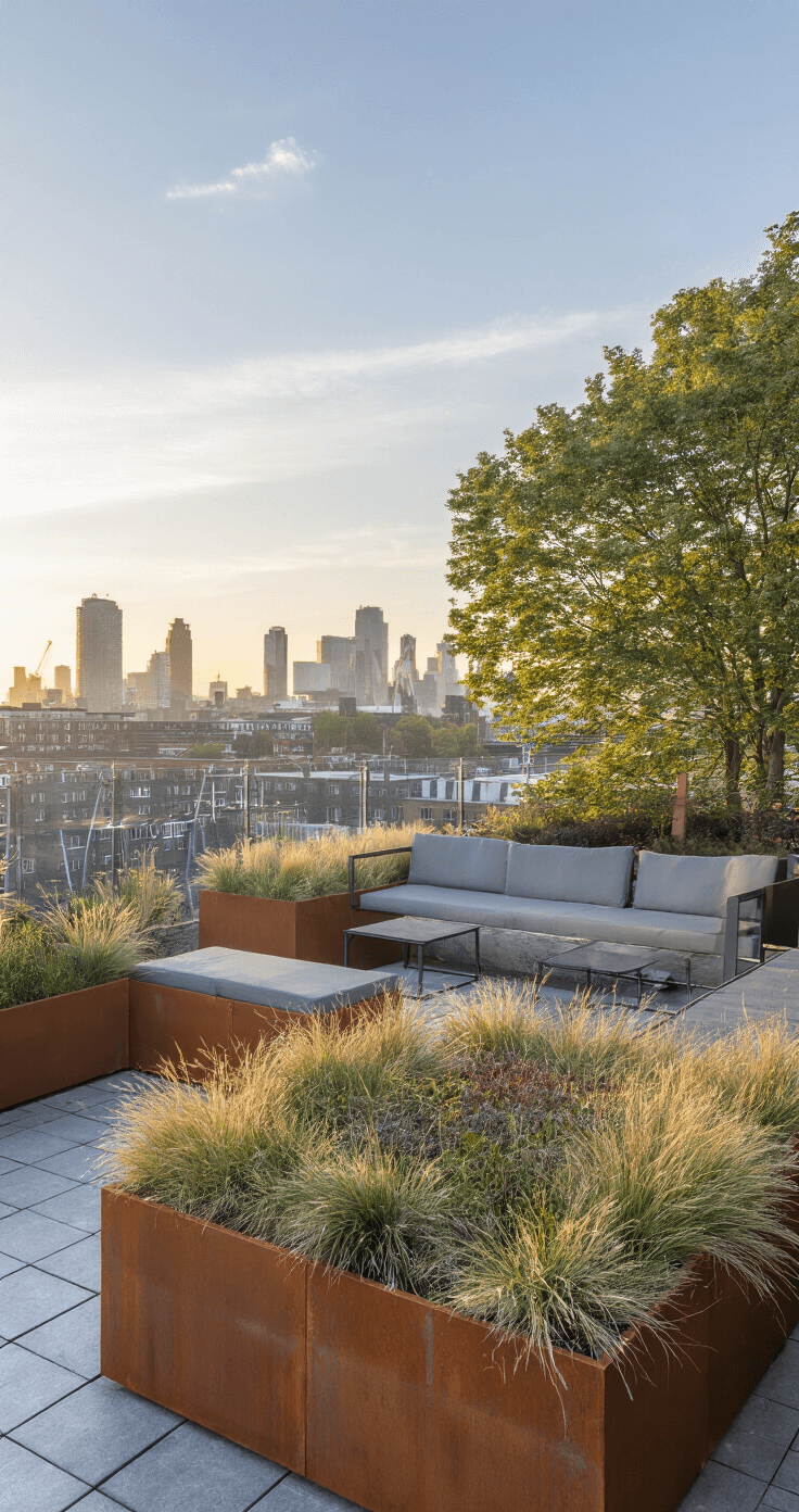 Droogtebestendige Tuinplanten: Groene Schoonheid met Minimaal Waterverbruik Moderne daktuin bij zonsopgang met geometrische cortenstalen bakken gevuld met droogtebestendige grassen en sedum. Minimalistische antraciete loungeset, glazen windschermen weerspiegelen het ochtendlicht en stadsskyline op de achtergrond. Panoramisch beeld in dramatisch tegenlicht met focus op lijnen.