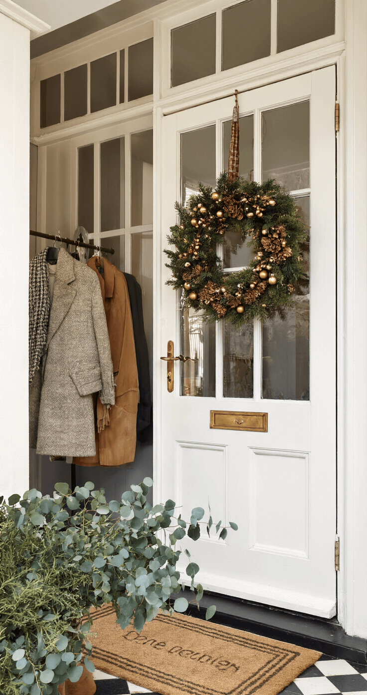 Zelfgemaakte Kerstversiering: Creatief, Persoonlijk en Budgetvriendelijk Entree van een Nederlandse hal op een wintermiddag, met natuurlijk licht door de glazen voordeur. Handgemaakte kerstkrans van wilgentenen met mos, gouden dennenappels en bordeaux fluwelen lint hangt aan een vintage messing deurknop. Zwart-wit geblokte vloertegels, oude kapstok met wollen jassen, en een stoneware vaas met eucalyptus op een smeedijzeren tafel. Gepatineerde spiegel reflecteert warm licht, rustieke manden met handschoenen complimenteren de warme, uitnodigende sfeer.