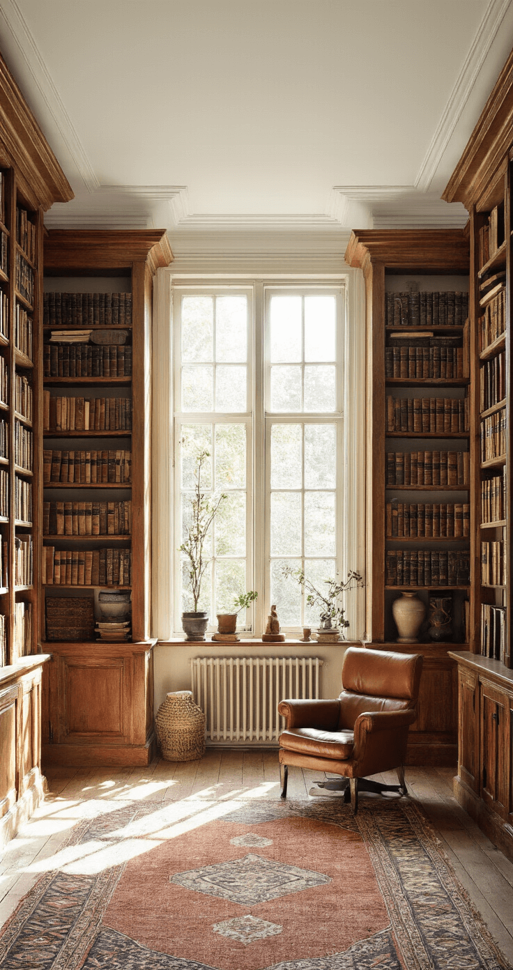 Creatieve Manieren om een Lange Muur in je Woonkamer te Doorbreken Ruime woonkamer met hoge plafonds, grote ramen laten middaglicht binnen, monumentale boekenkast vol vintage boeken en aardse decoraties, cognackleurige leren fauteuil voor de kast.
