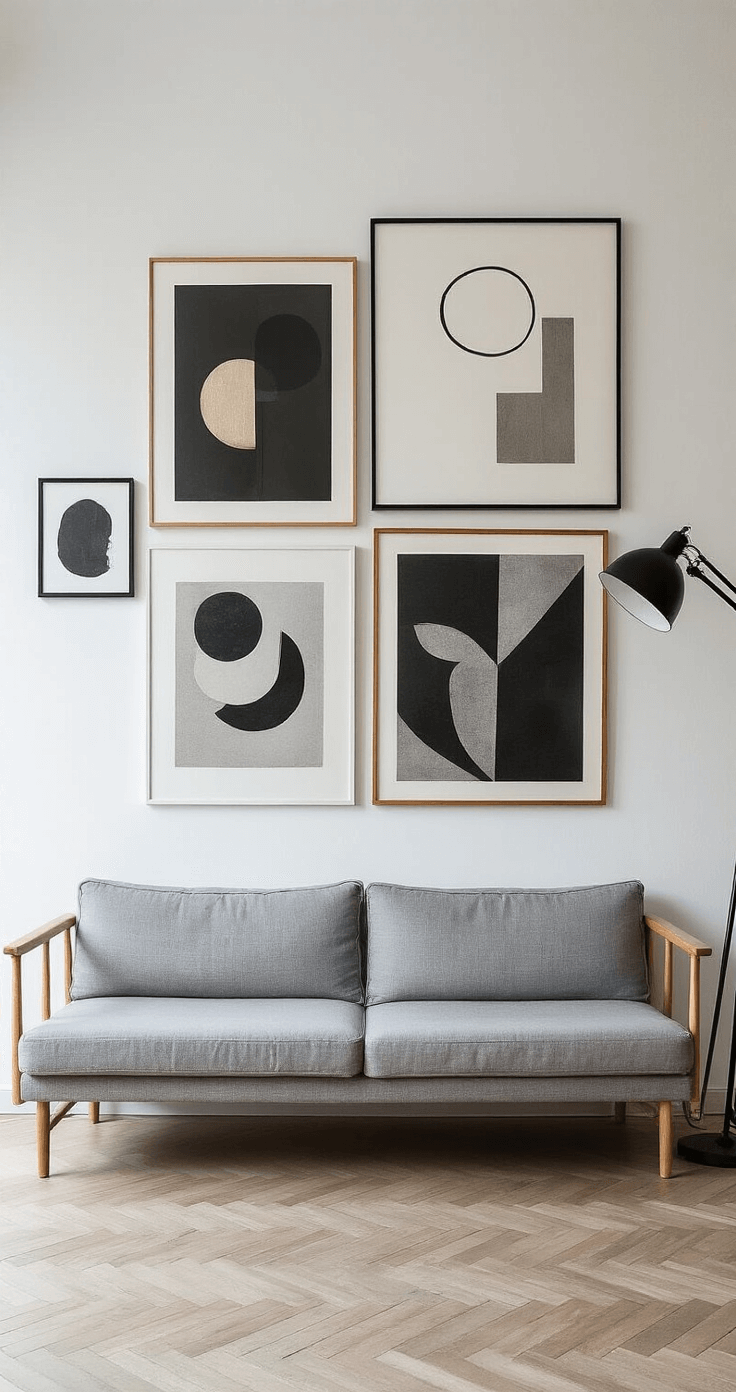Creatieve Manieren om een Lange Muur in je Woonkamer te Doorbreken Moderne kunstmuur in minimalistisch interieur met witte muur bezaaid met zwarte, koperen en naturel houten lijsten. Kunstwerken variëren van abstracte prints tot zwart-wit fotografie, verlicht met indirecte LED-verlichting. Op de achtergrond een grijze linnen bank, gefotografeerd vanuit een frontaal perspectief met een lichte hoek naar boven.