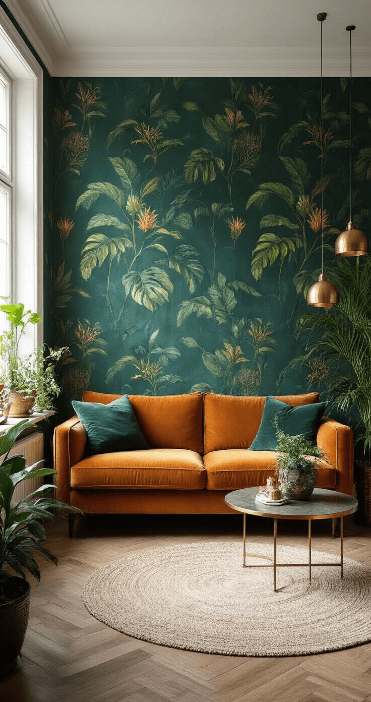 Creatieve Manieren om een Lange Muur in je Woonkamer te Doorbreken Woonkamer met botanisch behang in diep emerald groen, gouden accenten, een fluwelen okerkleurige bank, tropische planten in messing potten, sfeervolle avondverlichting en dramatische luxe uitstraling.
