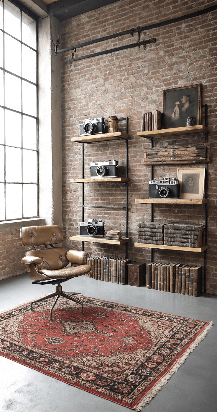 Creatieve Manieren om een Lange Muur in je Woonkamer te Doorbreken Industriële loft met zwevende zwarte metalen wandplanken, een bakstenen muur, vintage camera's en kunstboeken. Natuurlijk daglicht door dakramen, betonnen vloer met een vintage perzisch tapijt. Urban en sophisticated sfeer.