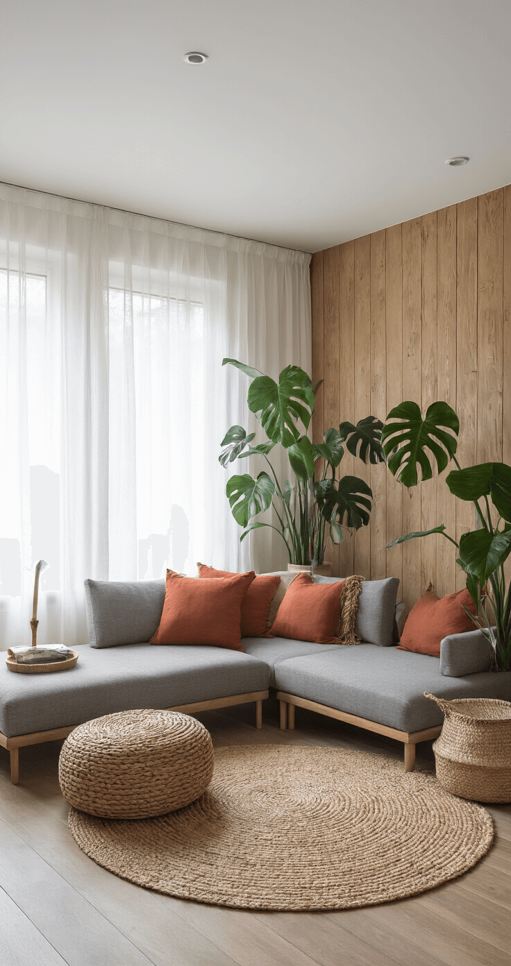Creatieve Manieren om een Lange Muur in je Woonkamer te Doorbreken Scandinavische woonkamer met houten wandpanelen in visgraatpatroon, ochtendlicht door sheer linnen gordijnen, grijze modulaire bank met terracotta kussens, Monstera en Strelitzia planten, serene en organische sfeer.