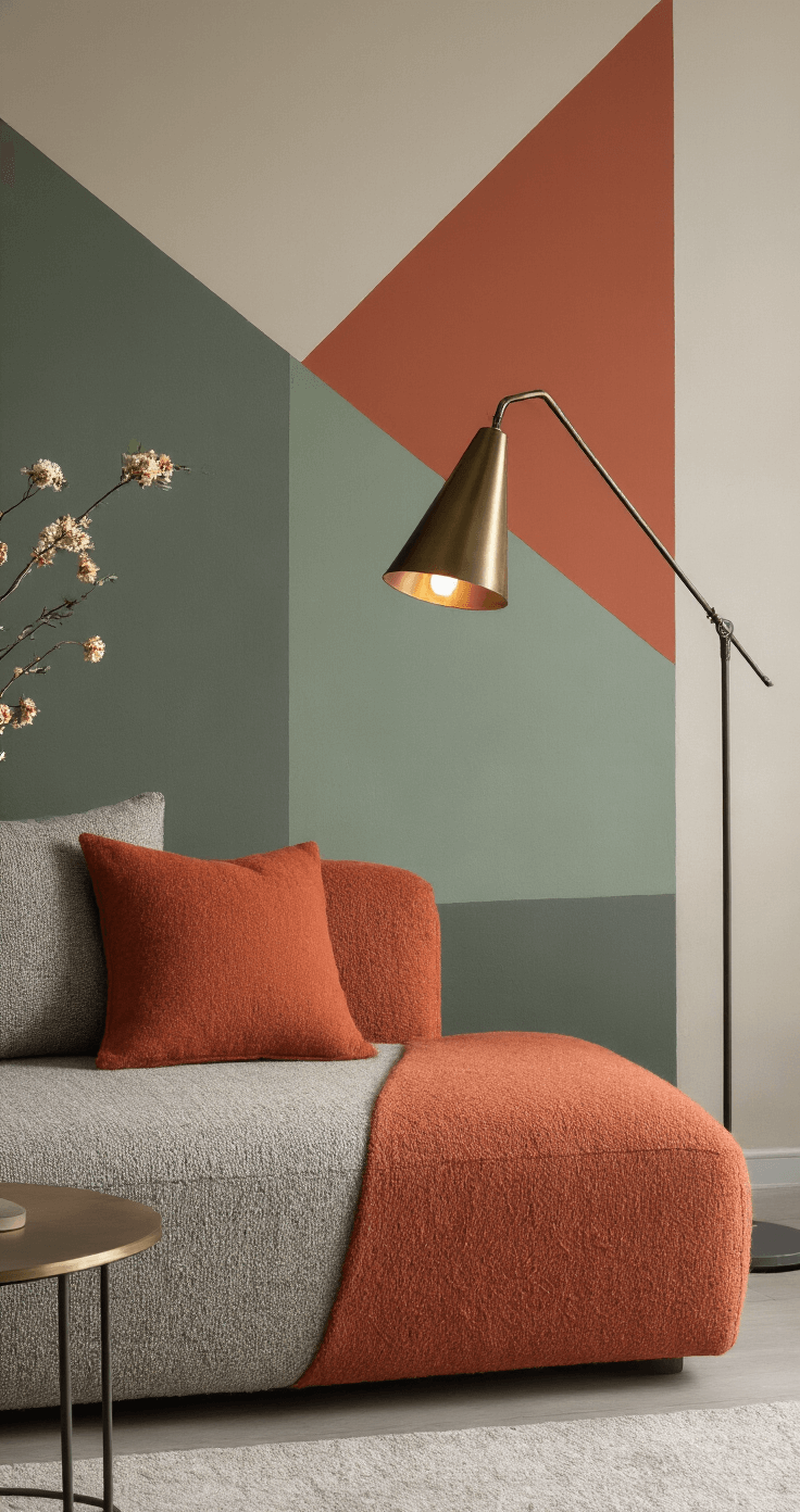 Creatieve Manieren om een Lange Muur in je Woonkamer te Doorbreken Moderne woonkamer met een color blocking wand in terracotta, sage groen en warm grijs, een centrale designbank in bouclé stof en een asymmetrische messing vloerlamp die schaduwen werpt.