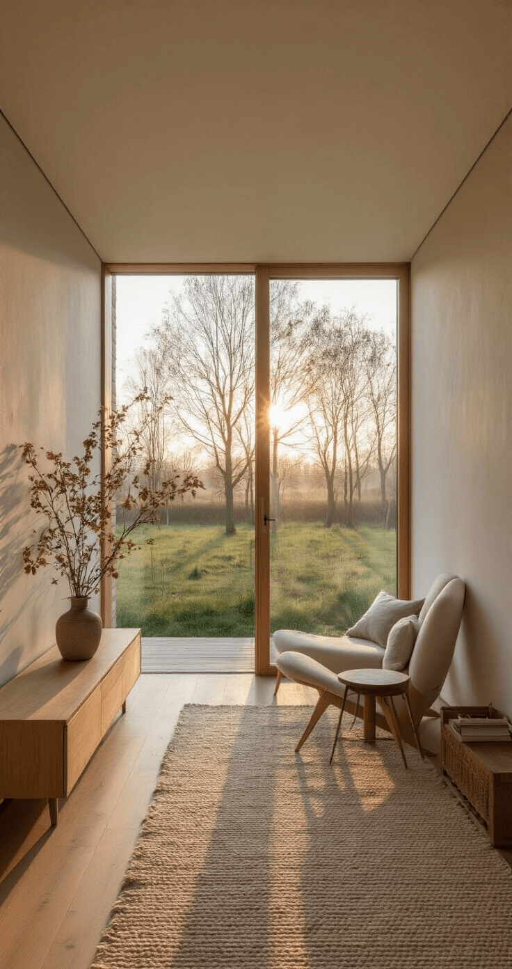 Creatieve Manieren om een Lange Muur in je Woonkamer te Doorbreken Minimalistische woonkamer met een riet- en staal roomdivider, modulaire kasten in geolied eiken, en een handgeknoopt wollen vloerkleed. De zachte avondzon werpt silhouetten door de open structuur.