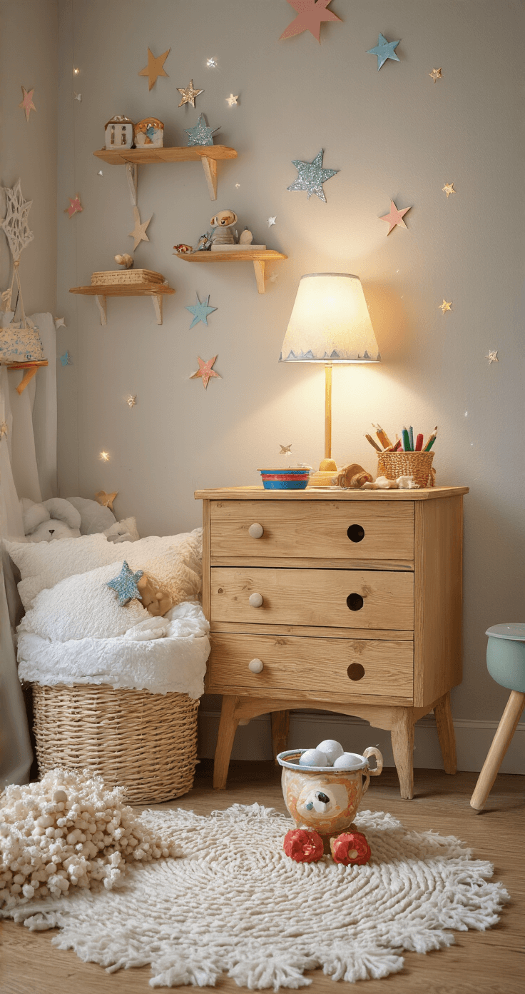 Zelfgemaakte Kerstversiering: Creatief, Persoonlijk en Budgetvriendelijk Speelse kinderslaapkamer met blauwe avondlucht, zachte verlichting, blank houten bureau vol met papieren sterren, vintage kist met glitters en knutselmaterialen, kleurrijke potloden, handgemaakte sneeuwvlokken aan het raam, en een poederroze vloerkleed, alles in warme, gezellige sfeer.