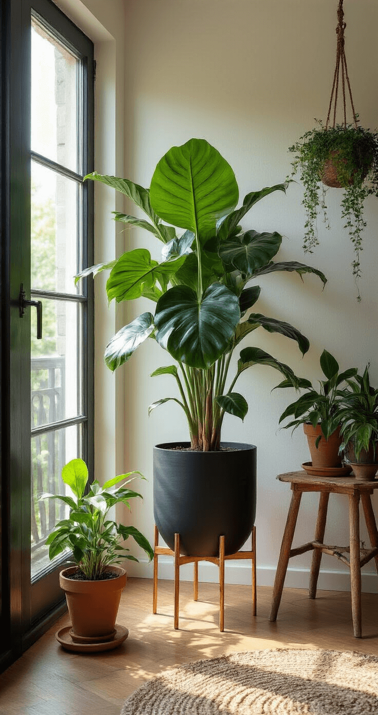 Hoe Creëer Je een Adembenemend Plantenhoekje in Pot: Stap-voor-Stap Gids Lichte hoek met grote raampartij die warm middaglicht binnenlaat. Centraal staat een Monstera Deliciosa in een mat zwarte pot op een geometrische koperen plantstandaard, omringd door kleinere planten zoals een Calathea en hangende Epipremnum. Vintage houten krukje met vetplanten. Muur in warme beige, met natuurlijke texturen van rotan en jute. Sereen en uitnodigende sfeer.
