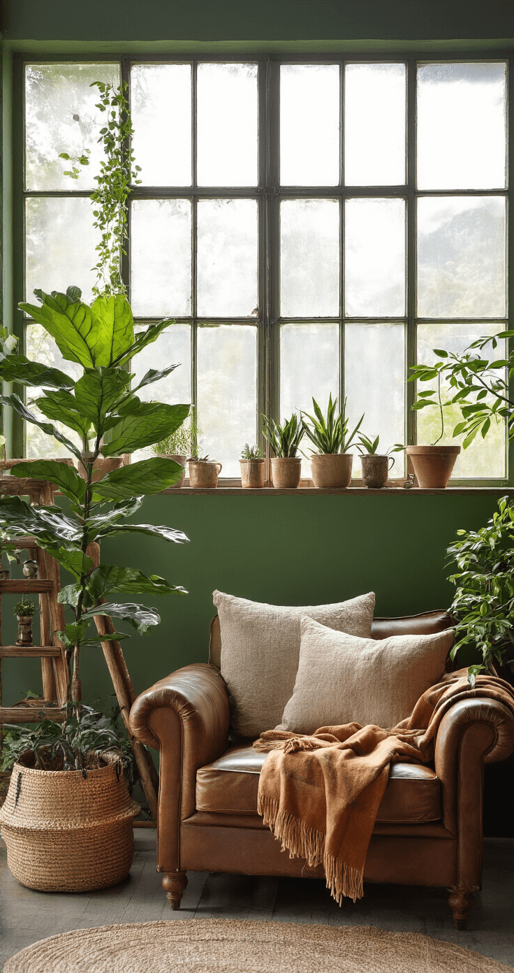 Hoe Creëer Je een Adembenemend Plantenhoekje in Pot: Stap-voor-Stap Gids Intieme leeshoek met grote industriële ramen die zacht ochtendlicht filteren, een Ficus Lyrata in een rotan mand, vintage leren fauteuil en een rustiek houten ladder-display met kleinere planten. De muur is diep groen en textiele accenten van linnen en wol creëren een luxueuze, geborgen sfeer.