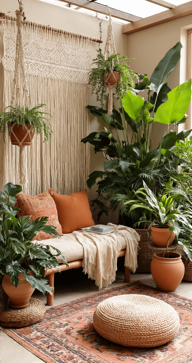 Hoe Creëer Je een Adembenemend Plantenhoekje in Pot: Stap-voor-Stap Gids Bohemien loungehoek met vintage kantgordijnen in een erkerraam, omringd door weelderige Alocasia en varens in terracotta. Macramé plantenhangers, warm kleurenpalet van terracotta, mosterdgeel en roze, een Perzisch tapijt en een fluwelen poef, gefotografeerd vanuit een dynamische 45° hoek met een romantische, eclectische en speelse sfeer.