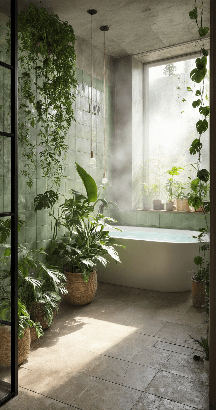 Hoe Creëer Je een Adembenemend Plantenhoekje in Pot: Stap-voor-Stap Gids Stijlvolle urban jungle badkamer met vrijstaand bad omgeven door tropische planten, melkglas dakraam met natuurlijke condensatie, en een mix van materialen in sage groene tegels en zwarte metalen accenten.