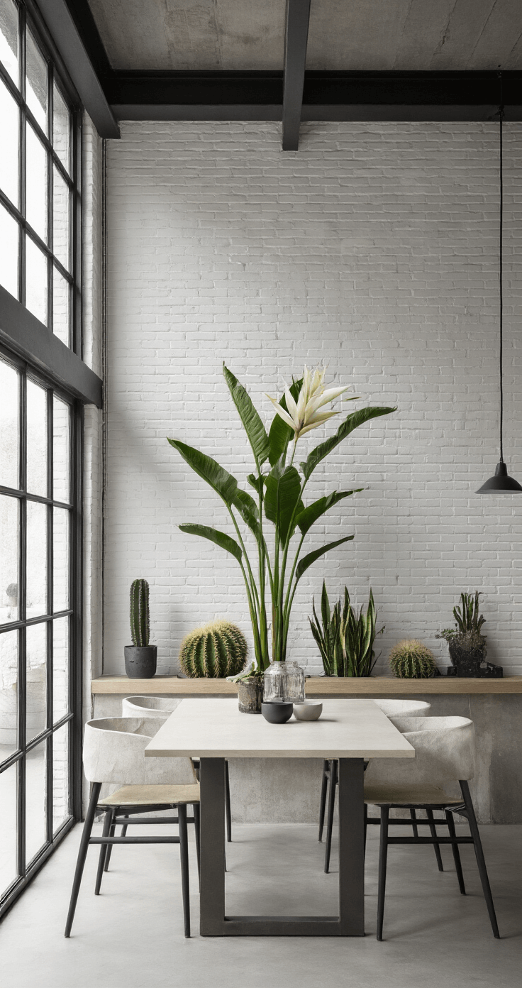 Hoe Creëer Je een Adembenemend Plantenhoekje in Pot: Stap-voor-Stap Gids Moderne eethoek met hoge industriële ramen, witgeschilderde bakstenen en een Strelitzia Paradise in minimalistisch keramiek, omringd door geometrische planten op zwevende planken.