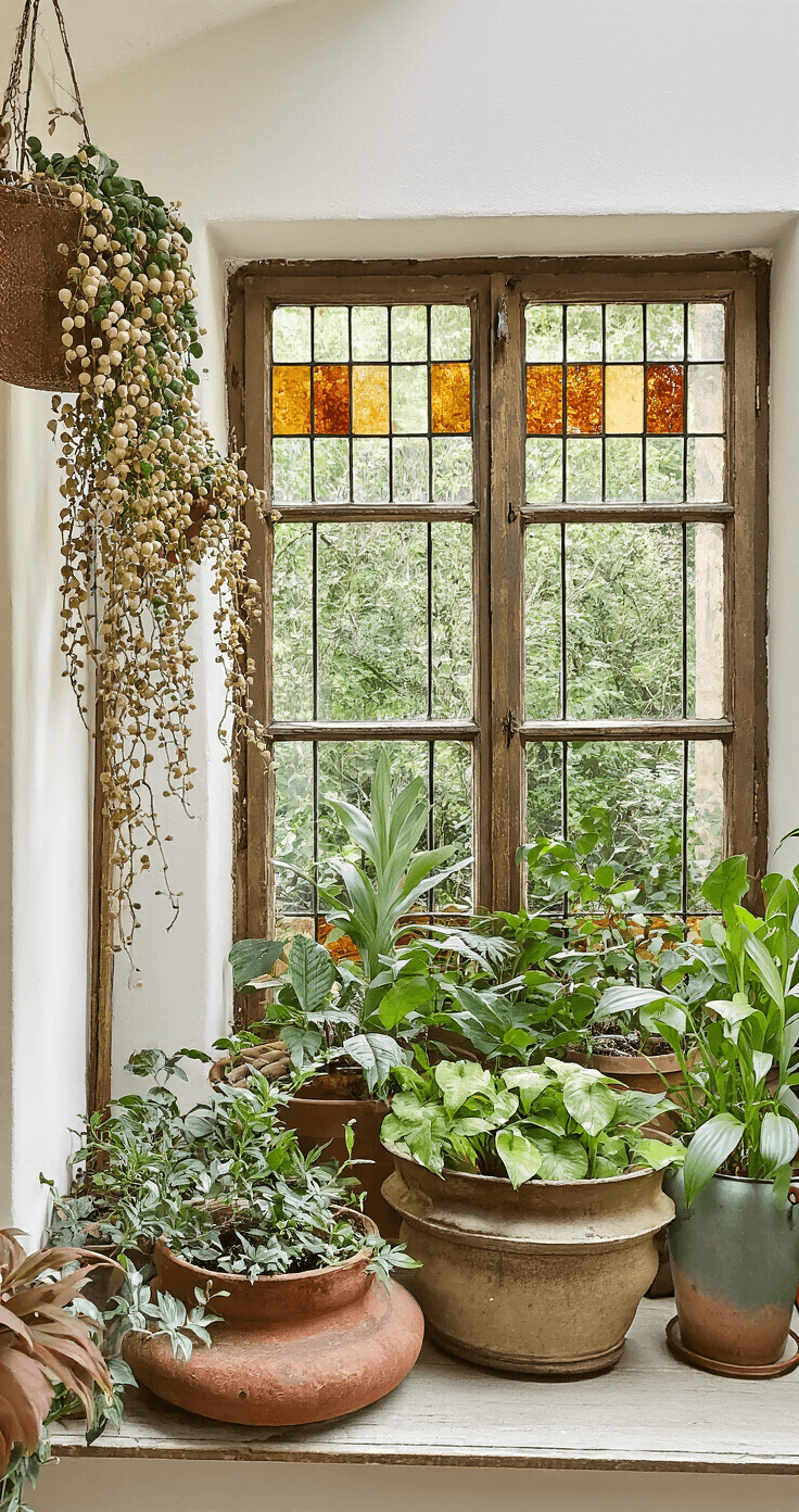 Hoe Creëer Je een Adembenemend Plantenhoekje in Pot: Stap-voor-Stap Gids Rustieke vensterbank met authentiek glas-in-lood raam, overtrokken met hangplanten in vintage terracotta en een vetplantentuin in oude zinken bakken; natuurlijke kleurenpalet van salie, roest en zand in ochtendlicht.