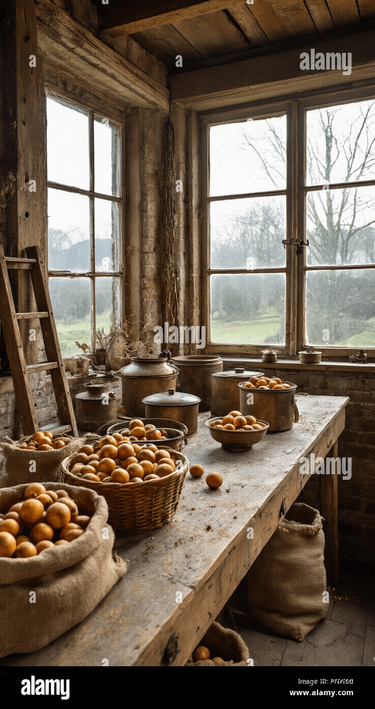 Zelfgemaakte Kerstversiering: Creatief, Persoonlijk en Budgetvriendelijk Rustieke werkschuur op een heldere winterochtend, met een houten werkbank vol gouden dennenappels en vintage verfpotten. Oud stalraam laat natuurlijk licht binnen, met jute zakken en antieke emaille kommen. Authentieke ambachtelijke sfeer van traditionele Nederlandse kerstvoorbereiding.