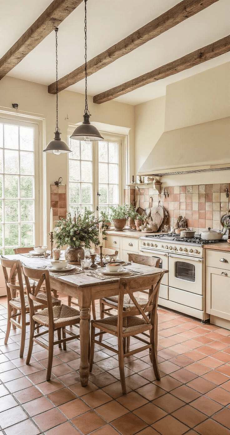 Landelijke Kerstversiering: Creëer een Warme en Rustieke Sfeer Intieme close-up van een gezellige boerenkeuken met terracotta tegelvloer, crèmekleurige inbouwkasten, en een vintage keukentafel gedekt met handgeweven placemats. Oude koperen lantaarns met brandende kaarsen en een vers gebonden kerstboeket met dennen, eucalyptus en witte rozen in een aardewerken vaas.