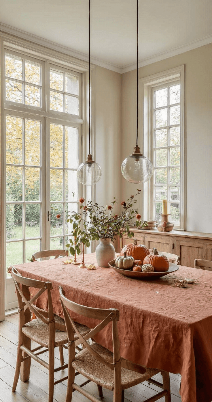 DIY Herfsttafeldecoratie: Creëer een Warme Herfstsfeer in Huis Een sfeervolle eetkamer met een massieve eiken eettafel gedekt met een terracotta tafelkleed, omringd door pompoenen en herfstbladeren, verlicht door zacht ochtendlicht.