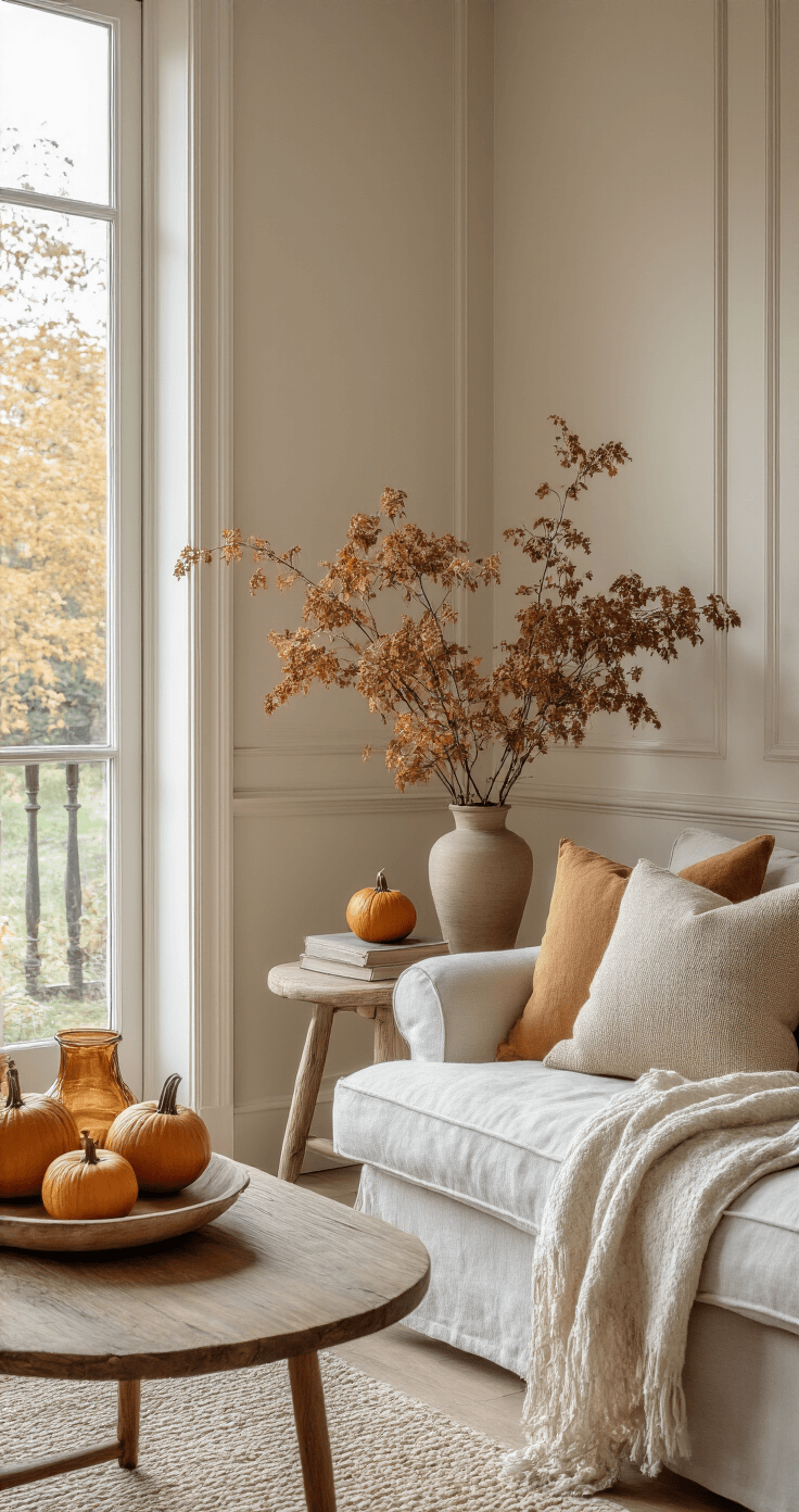 DIY Herfsttafeldecoratie: Creëer een Warme Herfstsfeer in Huis Intieme hoekopstelling in een klassieke woonkamer met lambrisering, featuring een antiek houten sidetable tegen een crèmekleurige muur, gestyled met amber-kleurige glazen windlichten, gedroogde hortensia's en kleine oranje pompoenen, onder low-key belichting die de herfstsfeer accentueert.