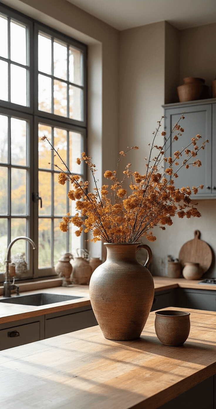 DIY Herfsttafeldecoratie: Creëer een Warme Herfstsfeer in Huis Moderne landelijke keuken met een eiland en natuurstenen werkblad, versierd met een herfstcompositie van droogbloemen in een vintage zinken vaas. Handgemaakte keramieken kaarsenhouders in erdekleuren omringen de vaas, met ochtendlicht dat door industriële ramen valt. Bovenaanzicht met lichte schaduwwerking voor diepte.