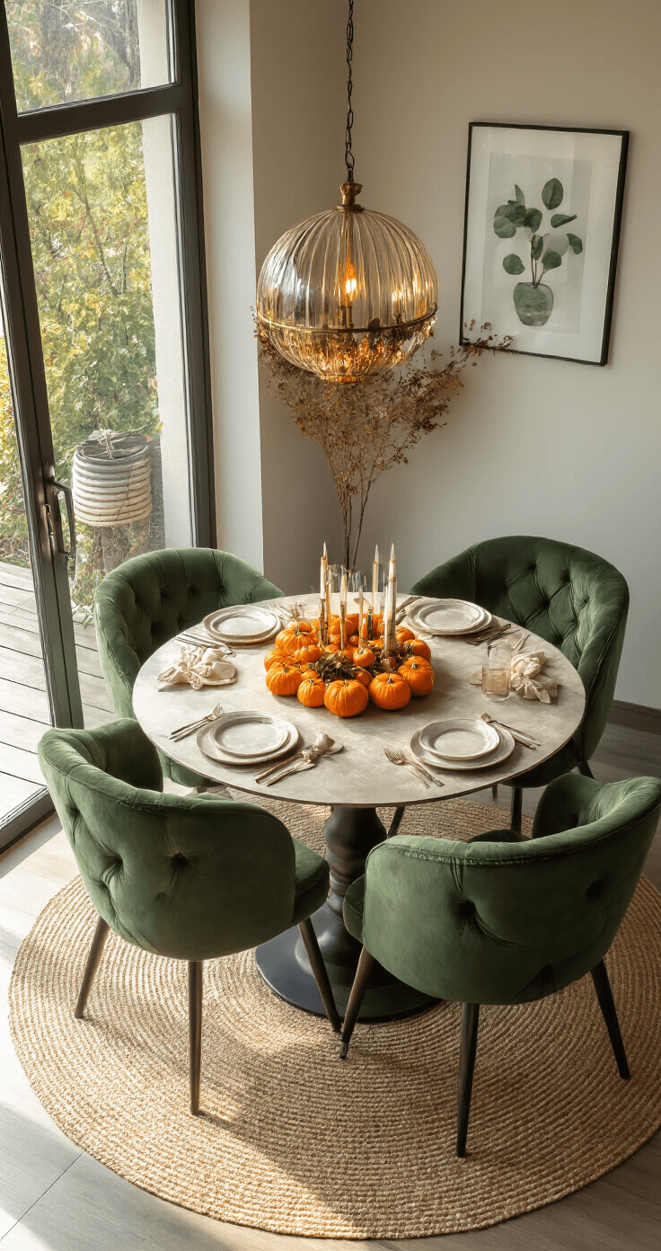 DIY Herfsttafeldecoratie: Creëer een Warme Herfstsfeer in Huis Knusse ontbijtnook met erkerraam, ronde mosgroene eettafel met een spiraalvormige decoratie van oranje pompoenen, dennenappels en goudkleurige eikenbladen rond een glazen hurricane met kaars, sfeervol schemerlicht.