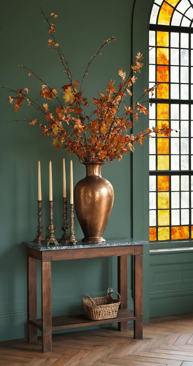 DIY Herfsttafeldecoratie: Creëer een Warme Herfstsfeer in Huis Statige hal met visgraat parketvloer en antieke consoletafel met marmeren blad tegen een donkergroene muur, voorzien van een XL koperen vaas met herfsttakken en vintage bronzen kandelaars; sfeervol avondlicht door glas-in-lood raam.