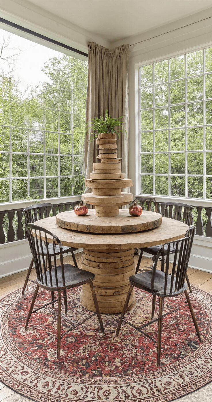 DIY Herfsttafeldecoratie: Creëer een Warme Herfstsfeer in Huis Compacte eethoek met een grote ronde tafel, vintage Perzisch tapijt, en decoratie van houten schijven met pompoenen, koperen waxinelichthouders en kastanjes, verlicht door zacht middaglicht.