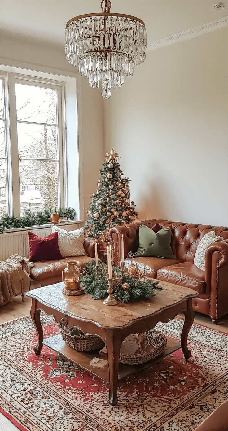Zelfgemaakte Kerstversiering: Creatief, Persoonlijk en Budgetvriendelijk Elegante Nederlandse salon met een kristallen kroonluchter en natuurlijk licht, met een DIY kerstproject display op een Perzisch tapijt, een antieke mahonie bijzettafel, een Chesterfield bank in cognac leer en decoraties in rijke tinten, warme ambiance met nostalgische kerst charme.