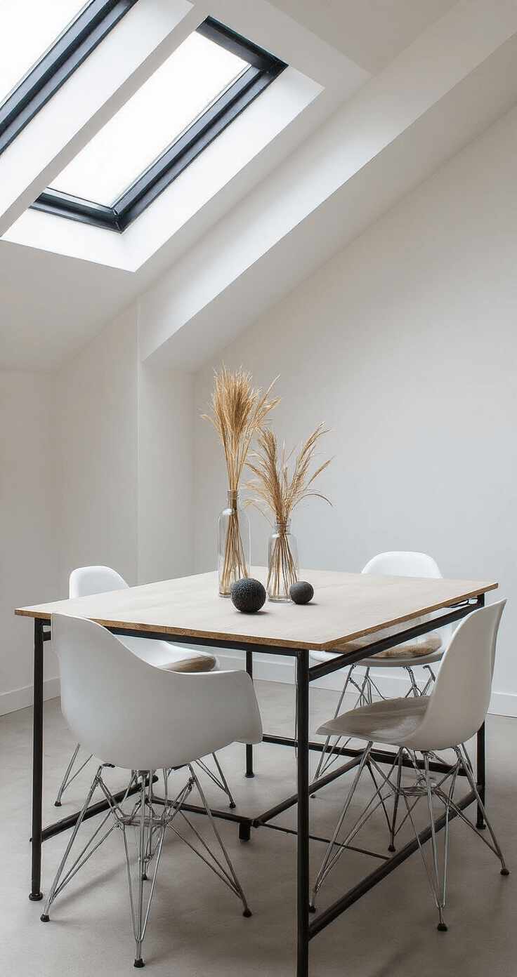 DIY Herfsttafeldecoratie: Creëer een Warme Herfstsfeer in Huis Lichte serrekamer met glazen dak, een lange smalle tafel met industriële onderstel en minimalistische styling, versierd met drie identieke glazen vazen met gedroogde grassen, matzwarte kaarsenhouders en kleine grijze pompoenen, belicht door diffuus daglicht.