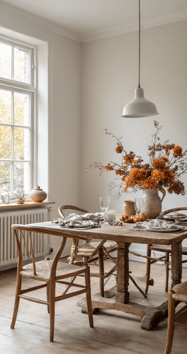 DIY Herfstbloemenarrangement: Creëer een Betoverend Najaarstafereel Ruime woonkamer met grote ramen en ochtendlicht, rustieke houten eettafel met handgemaakt herfstarrangement van dieporanje chrysanten en bordeauxrode hortensia's, linnen placemats in warmgrijs, warme en uitnodigende sfeer met herfsttinten.