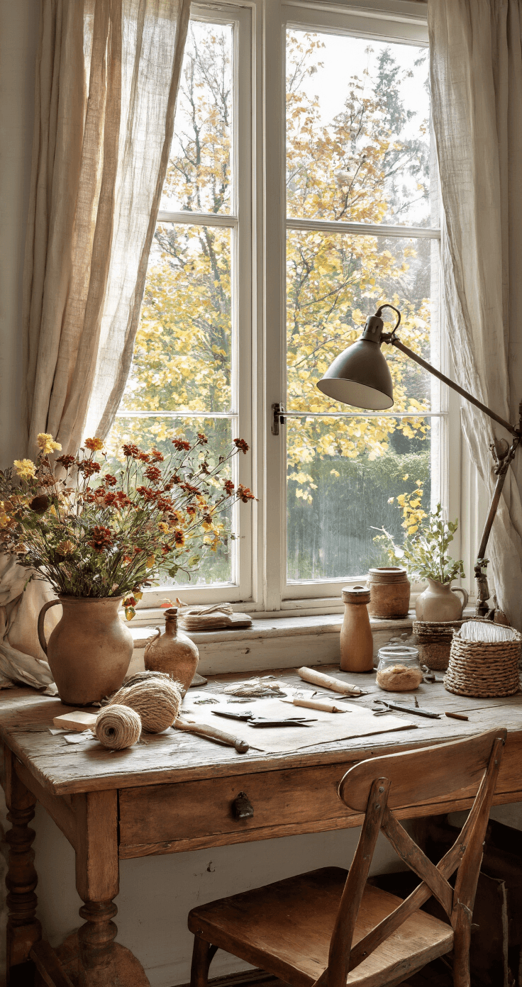 DIY Herfstbloemenarrangement: Creëer een Betoverend Najaarstafereel Gezellige werkhoek met vintage bureau, DIY-materialen, en verse herfstbloemen, gefotografeerd vanuit een schuine bovenhoek met rustiek-industrieel styling.