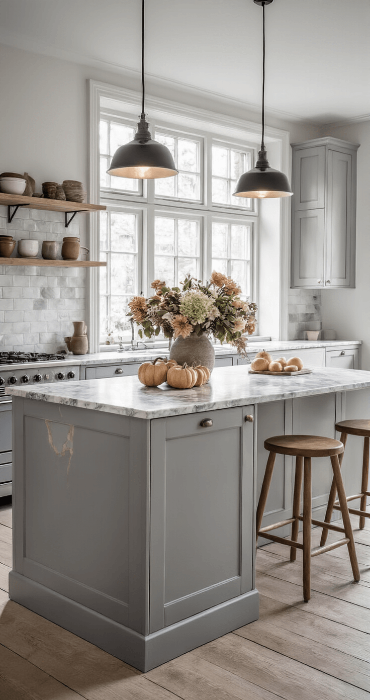 DIY Herfstbloemenarrangement: Creëer een Betoverend Najaarstafereel Stijlvolle Scandinavische keuken met marmeren werkblad en een kleurrijk bloemstuk op het eiland, benadrukt door warme spotverlichting.