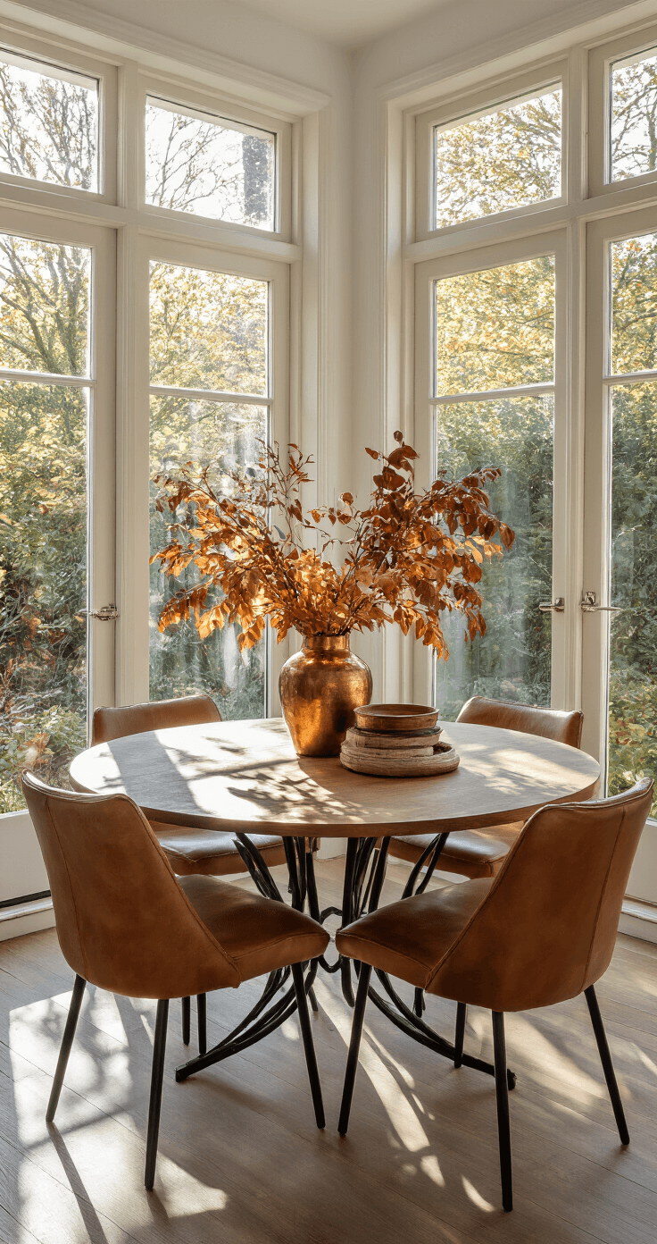 DIY Herfstbloemenarrangement: Creëer een Betoverend Najaarstafereel Intieme eethoek met ronde tafel en herfstarrangement in koperen vaas, omringd door vintage cognackleurige stoelen, bij openslaande tuindeuren in de late namiddagzon.