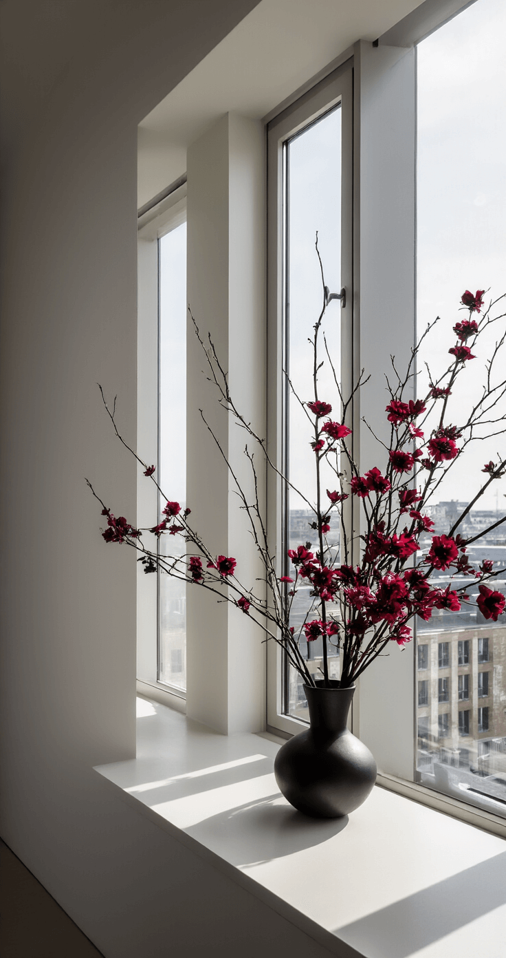DIY Herfstbloemenarrangement: Creëer een Betoverend Najaarstafereel Moderne appartement met vide, diffuus daglicht van hooggeplaatste ramen, minimalistische sidetable met asymmetrisch bloemstuk van takken en dieprode bloemen, strakke architectuur tegen organische vormen, dynamische diagonale compositie.