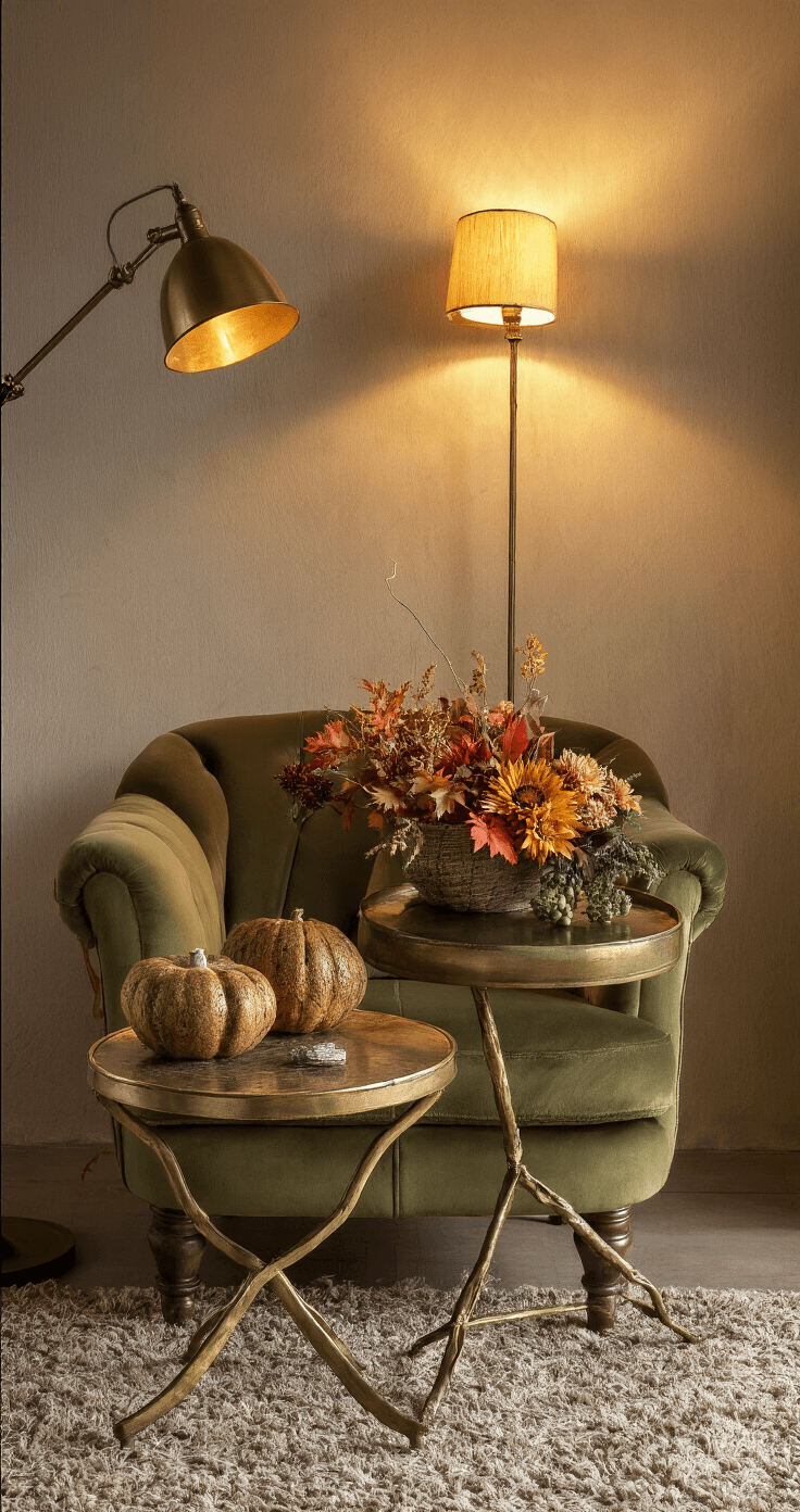 DIY Herfstbloemenarrangement: Creëer een Betoverend Najaarstafereel Knusse leeshoek met vintage olijfgroen fluwelen fauteuil, messing bijzettafel met herfstarrangement in gedempte kleuren en warmgele leeslamp voor sfeervolle belichting.