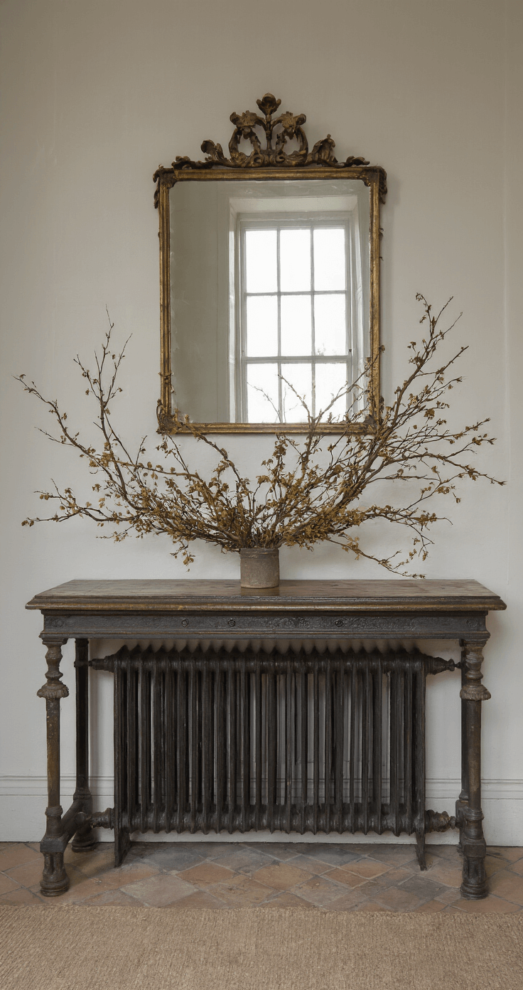 DIY Herfstbloemenarrangement: Creëer een Betoverend Najaarstafereel Interior scene met gietijzeren radiator en hoge plinten; antieke consoletafel met takkenarrangement; spiegel weerkaatst natuurlijk licht; lage camerahoek voor dramatische schaduwen en architecturale details.