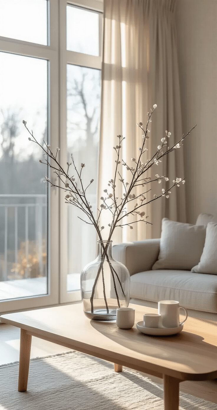 Moderne woonkamer met hoge plafonds en grote ramen, zachte ochtendzon door sheer gordijnen, strakke glazen vaas met witte takken en LED-lichtjes op een eiken salontafel, minimalistische kerstdecoratie, lichtgrijze linnen bank, witte muren, Scandinavische sereniteit.