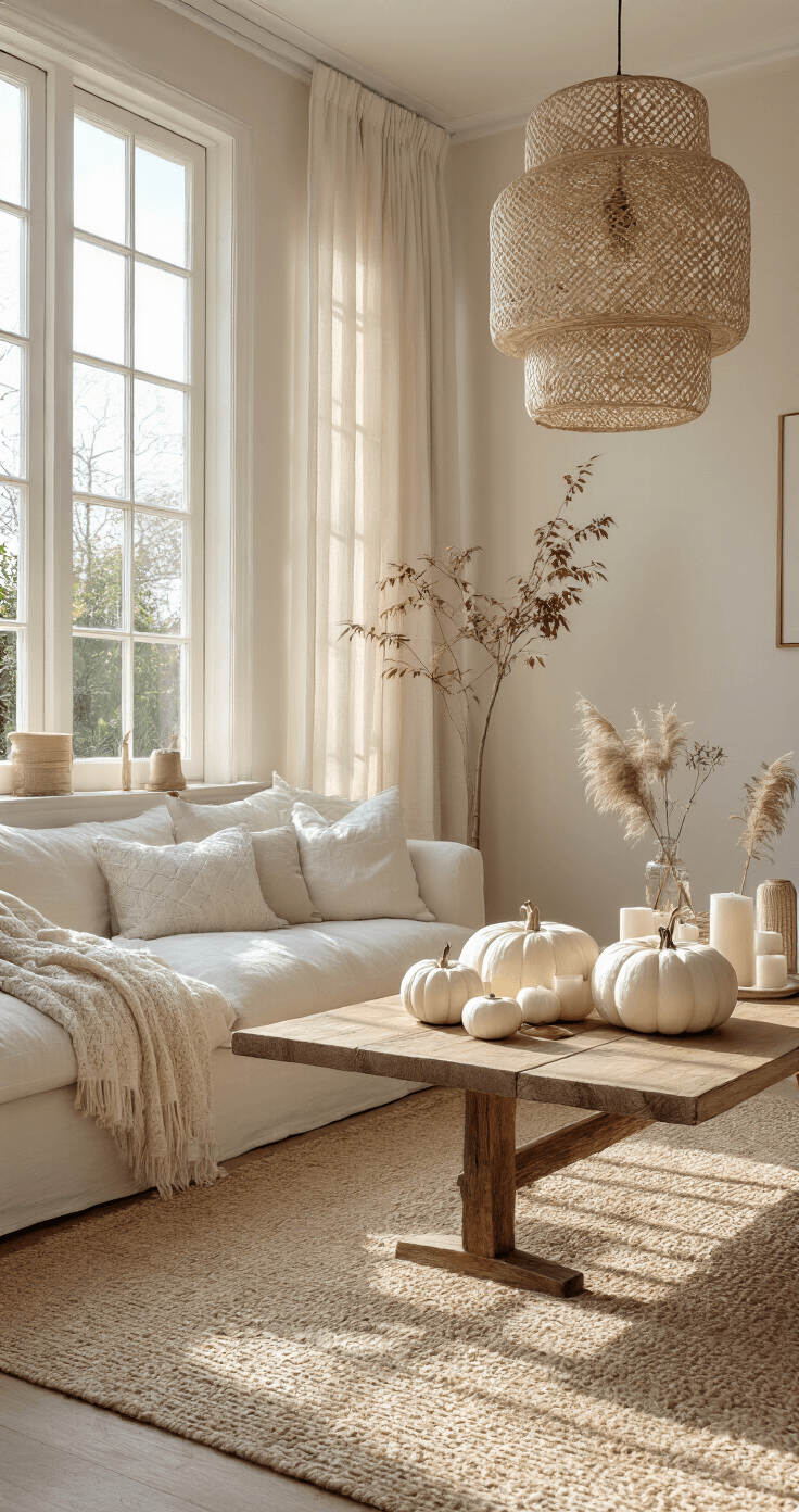 DIY Pompoenversiering: Transformeer Je Huis in een Herfst Paradijs Ruime, lichte woonkamer met grote ramen, robuuste eikenhouten salontafel met drie minimalistische witte pompoenen met gouden patronen, omringd door kleine witte kaarsen in messingen houders, en een cognackleurige leren bank op de achtergrond.