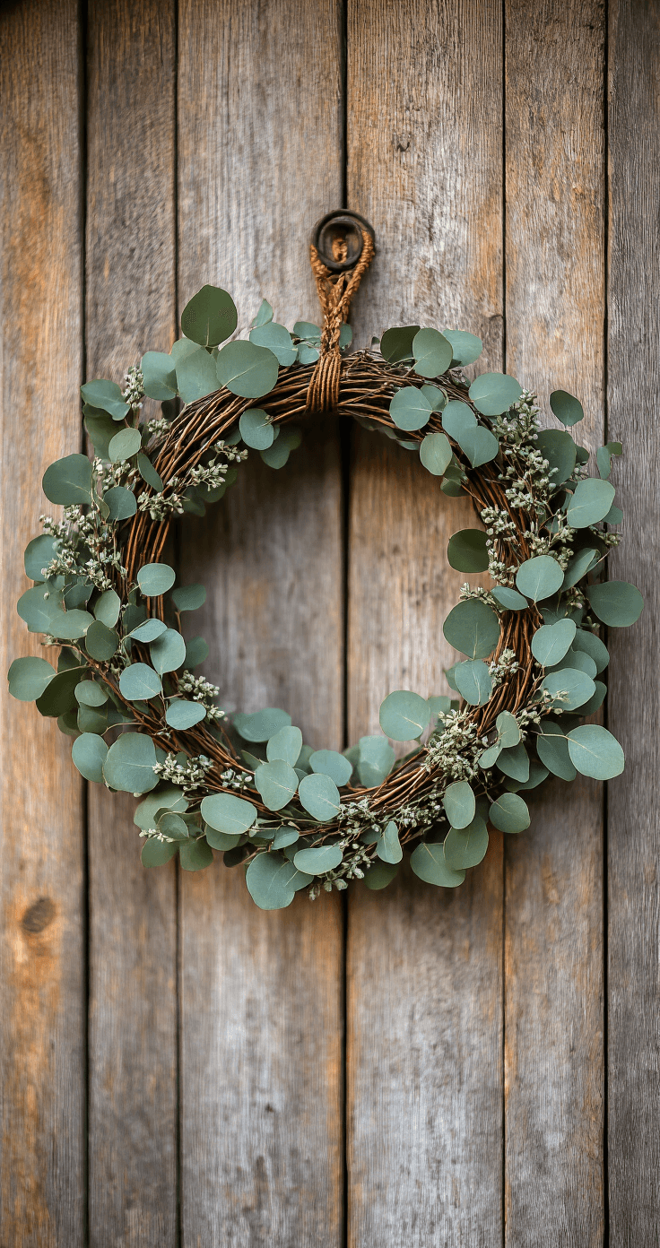 Close-up van een handgemaakte Scandinavische krans van eucalyptus op een rustieke houten deur, gefotografeerd in warm zijlicht tijdens het gouden uur.