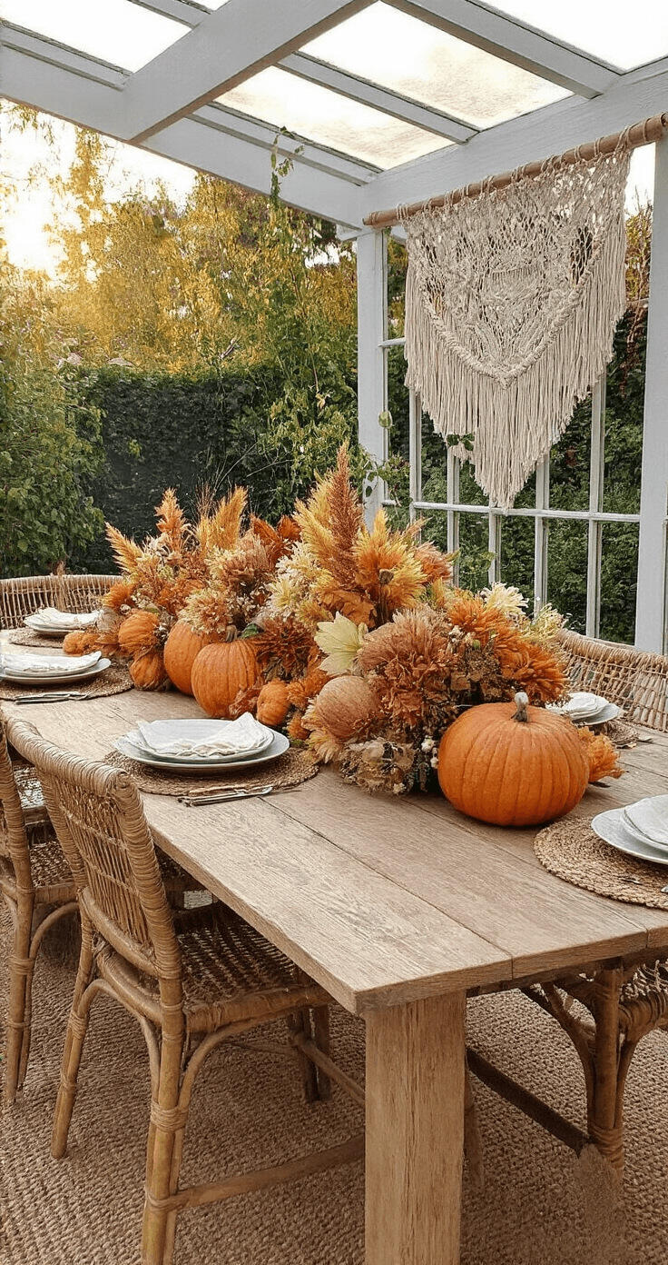 DIY Pompoenversiering: Transformeer Je Huis in een Herfst Paradijs Gezellige bohemian eethoek met vintage houten tafel, herfstarrangement van pompoenen en droogbloemen, jute tafelloper, rotan stoelen en macramé wanddecoratie in gouden uurtje.