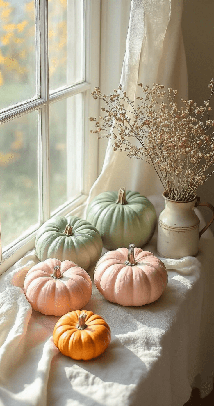 DIY Pompoenversiering: Transformeer Je Huis in een Herfst Paradijs Een knusse vensterbank in de ochtendzon met drie verschillende pompoenen in pastelroze, sage groen en crème, versierd met droogbloemen en gouden accenten. Linnen gordijnen filteren het licht en creëren een dromerige sfeer, terwijl een vintage koperen gieter en kleine eucalyptustakjes het tafereel aanvullen.