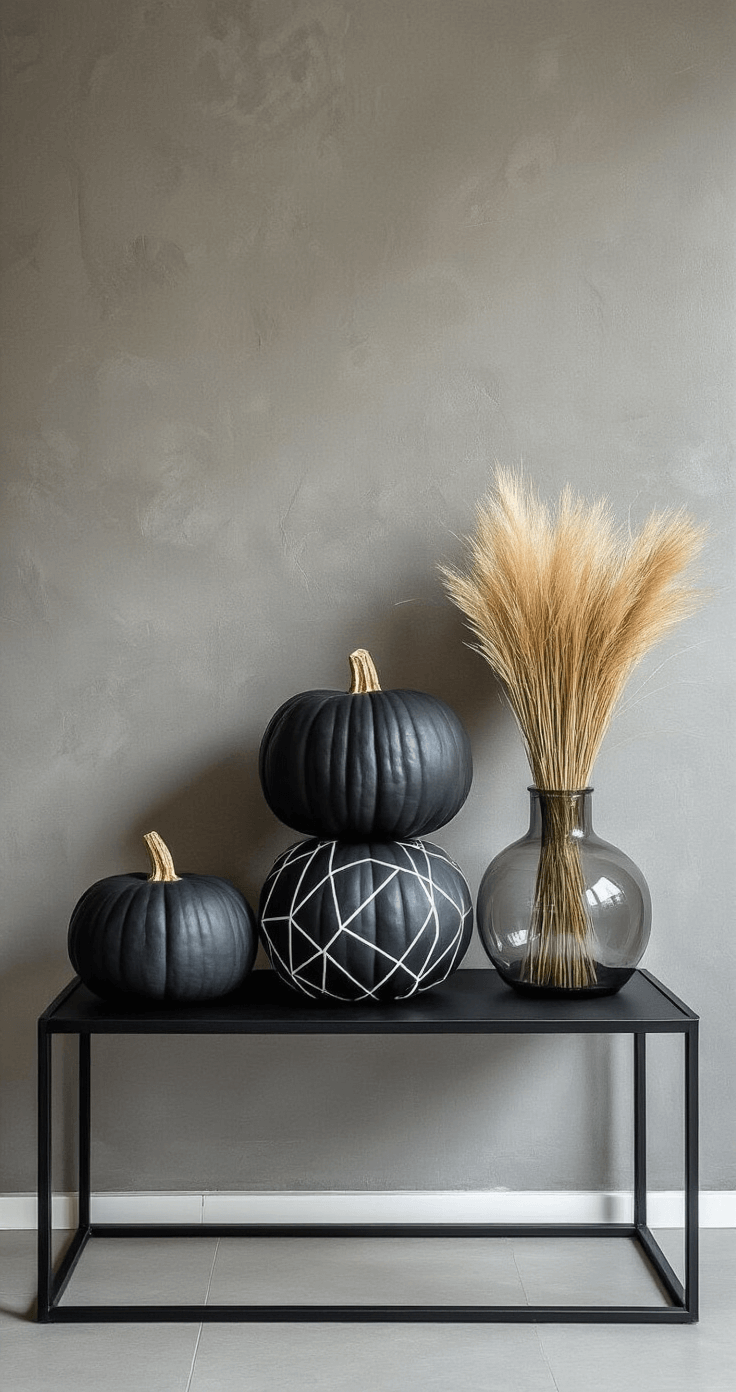DIY Pompoenversiering: Transformeer Je Huis in een Herfst Paradijs Moderne entreehal met zwart metalen sidetable, drie matzwarte pompoenen met witte geometrische lijnen, lange grassprieten in smoke glass vazen, en indirect LED-licht op een grijze betonlook muur.