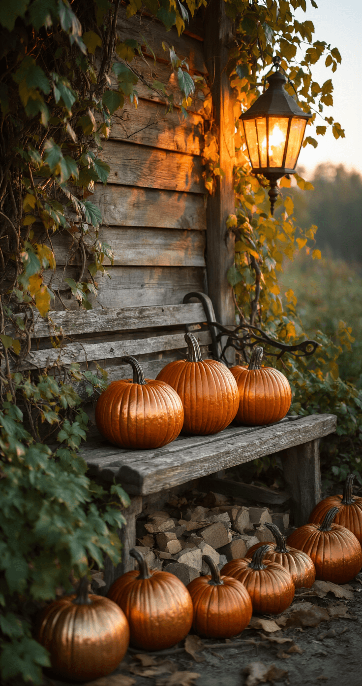 DIY Pompoenversiering: Transformeer Je Huis in een Herfst Paradijs Rustieke open haard met handgeschilderde pompoenen in metallic tinten op een verweerd bankje, omringd door klimop en vintage lantaarns, met dynamische schaduwen van het haardvuur.